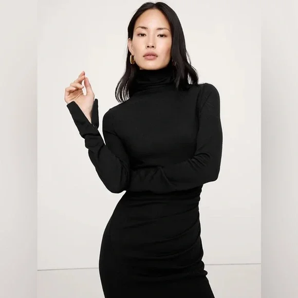 NWT! Banana Republic Black Wool-Blend Jersey Ruched Maxi Dress 📞 817985